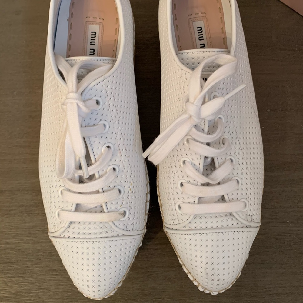 Miu Miu White Leather Perforated Platform Sneakers View 3